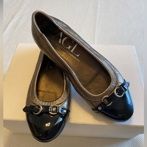 AGL cap to patent leather and quilted puter metallic flats size 6.5 Italy - Picture 1 of 8